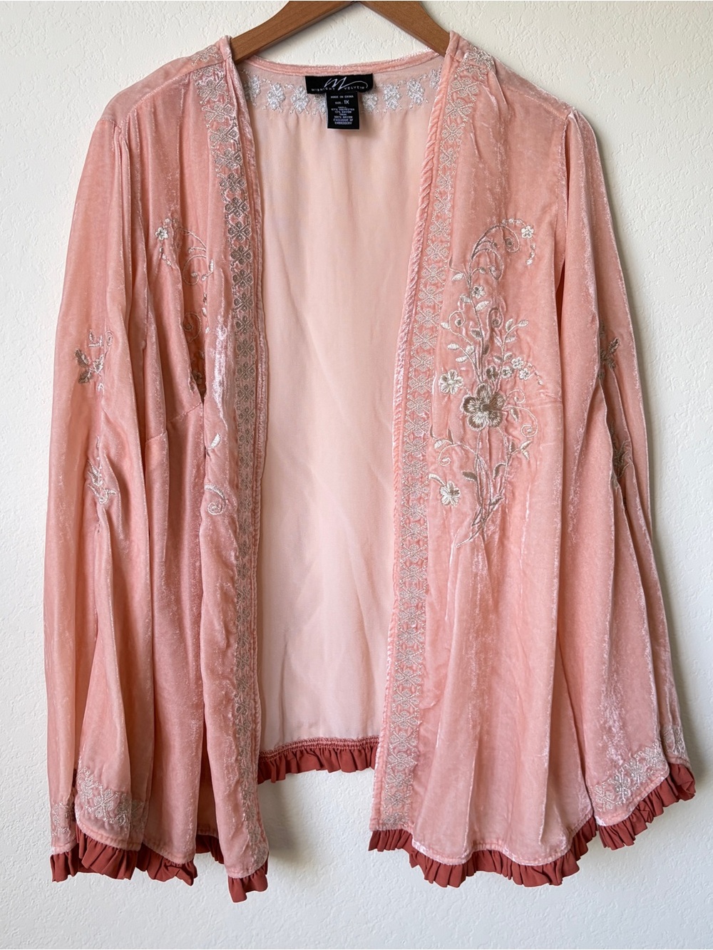Midnight Velvet Womens 1X Plus Pink Velvet Embroidered Cardigan Boho Festival